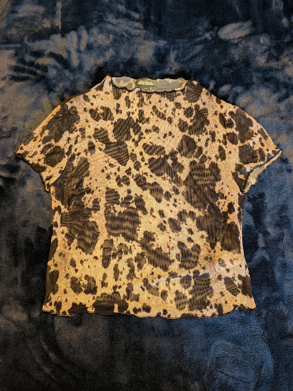 Wild Fable Women’s XS Beige Black Mesh Animal Print Crew Neck Sheer Top